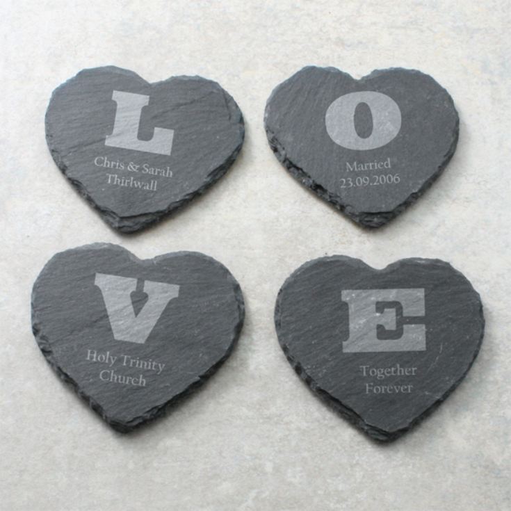 Personalised set of 4 Love Heart Slate Coasters product image
