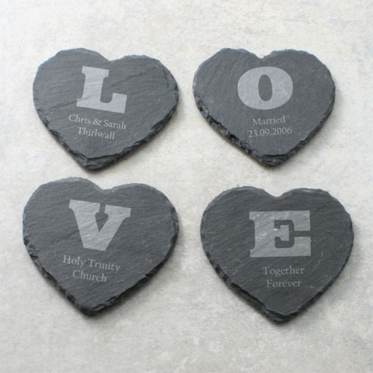 Personalised set of 4 Love Heart Slate Coasters product image