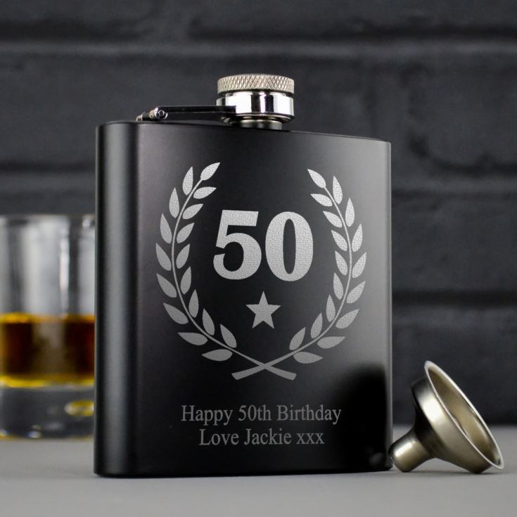 Personalised 50th Birthday Black Hip Flask product image