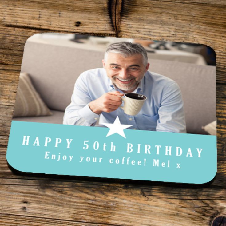 Personalised 50th Birthday Blue Photo Coaster product image