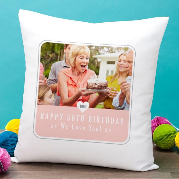 Personalised 50th Birthday Pink Photo Upload Cushion product image