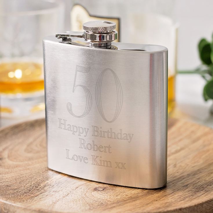 Personalised 50th Birthday Brushed Stainless Steel Hip Flask product image