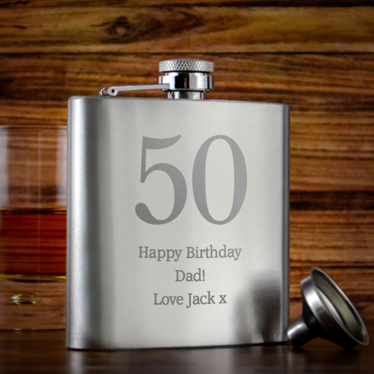 Personalised 50th Birthday Brushed Stainless Steel Hip Flask product image