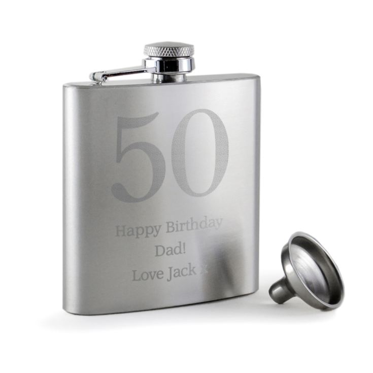 Personalised 50th Birthday Brushed Stainless Steel Hip Flask product image