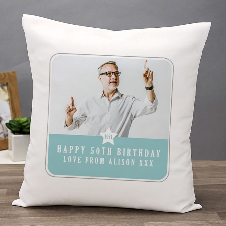 Personalised 50th Birthday Blue Photo Upload Cushion product image