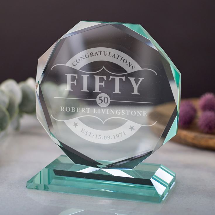 Engraved 50th Birthday Glass Octagon Award product image