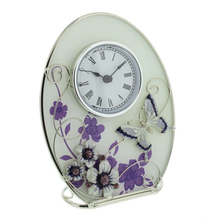 Glass Oval Clock Purple Butterfly/Flowers/Crystals product image