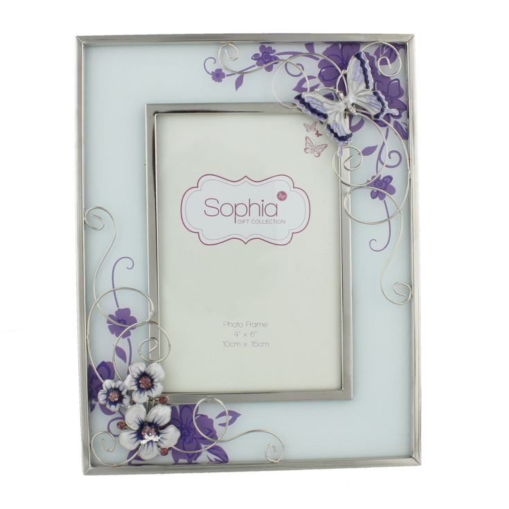 Glass Photo Frame 4"x6" Purple Butterfly/Flwrs/Crys product image