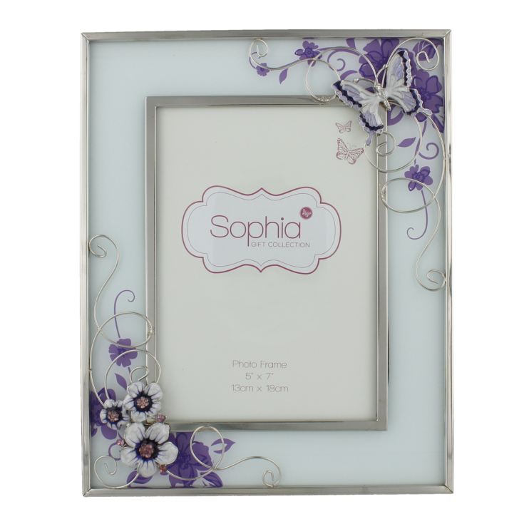 Glass Photo Frame Purple Butterfly/Flwrs/Cryst 5"x7" product image