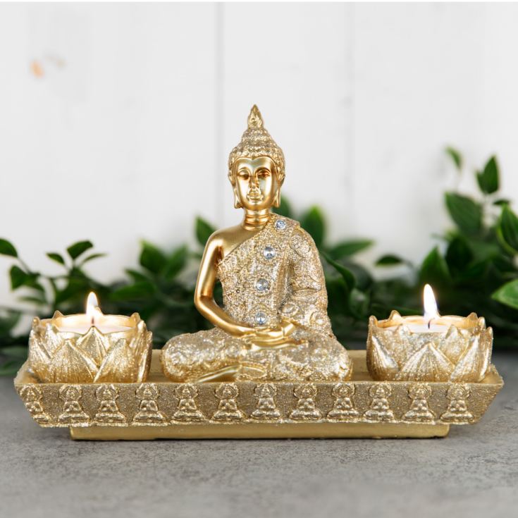 Gold Thai Buddha Double Tea Light Holder Figurine 14cms product image