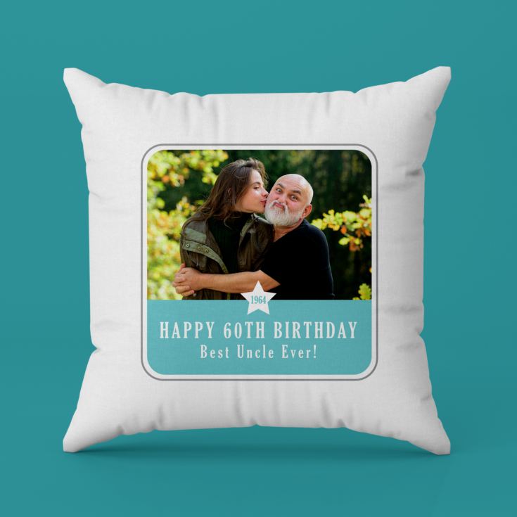 Personalised  60th Birthday Blue Photo Upload Cushion product image