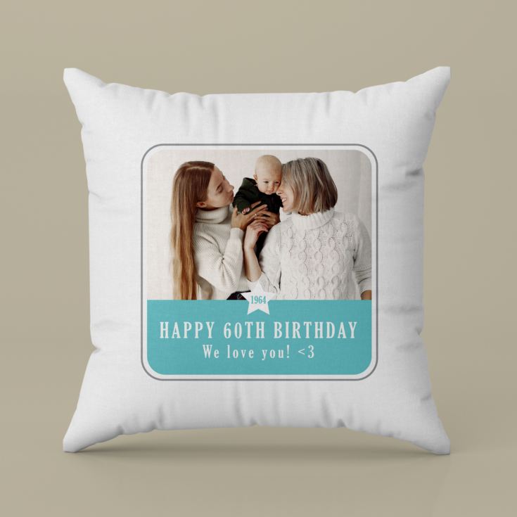 Personalised  60th Birthday Blue Photo Upload Cushion product image