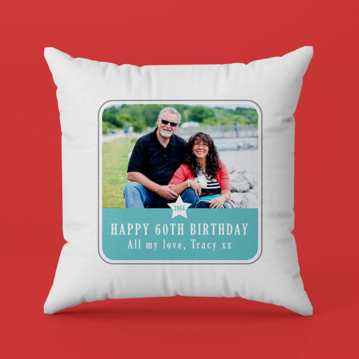 Personalised  60th Birthday Blue Photo Upload Cushion product image