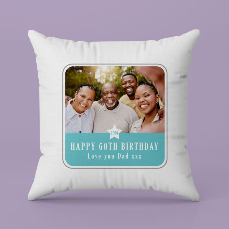 Personalised  60th Birthday Blue Photo Upload Cushion product image