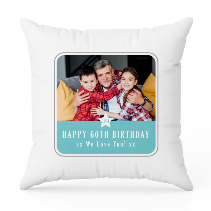 Personalised  60th Birthday Blue Photo Upload Cushion product image