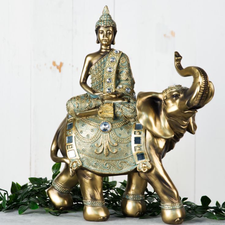 Verdigris Bronze Finish Buddha on Elephant Figurine 33cm product image