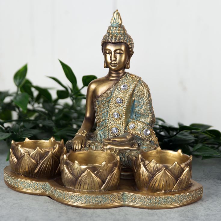 Verdigris Bronze Finish Buddha Triple Tealight Holder product image