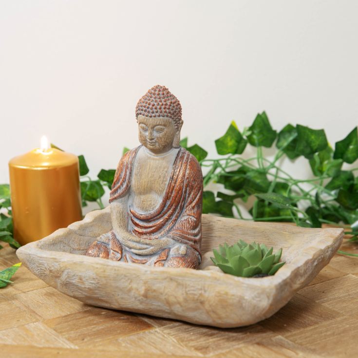 Carved Wood Finish Thai Buddha Ornament with Succulent product image