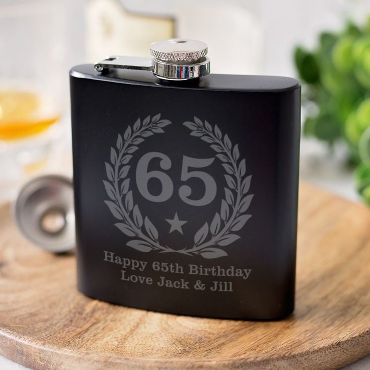 Personalised 65th Birthday Black Hip Flask product image