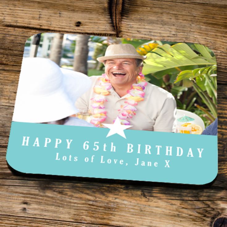 Personalised 65th Birthday Blue Photo Coaster product image