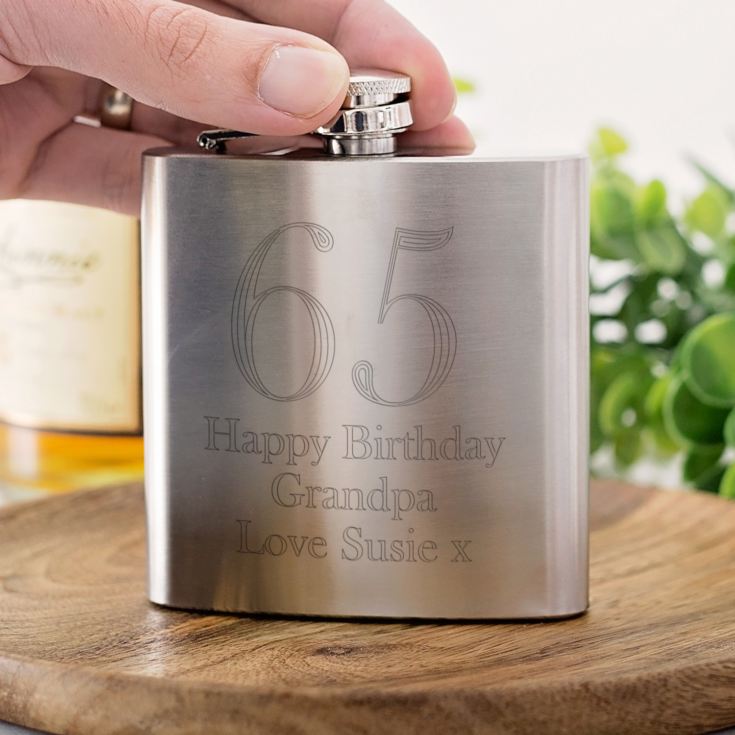 Personalised 65th Birthday Brushed Stainless Steel Hip Flask product image
