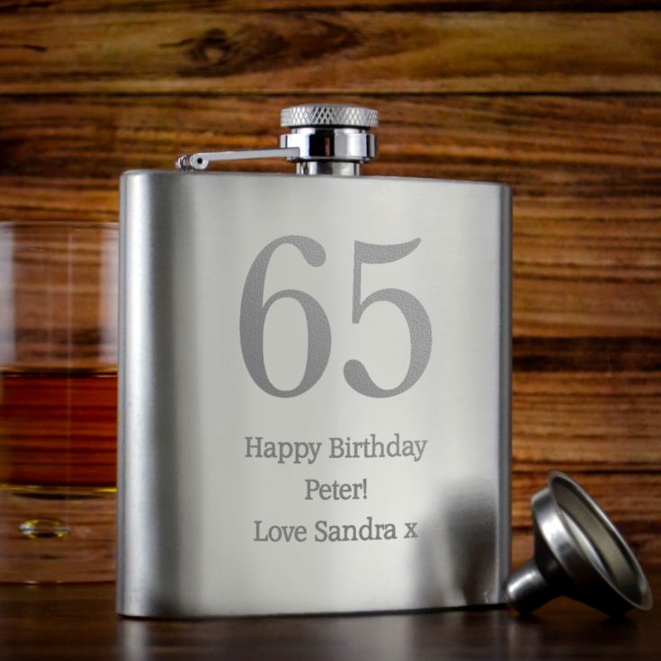 Personalised 65th Birthday Brushed Stainless Steel Hip Flask product image