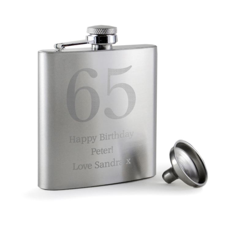 Personalised 65th Birthday Brushed Stainless Steel Hip Flask product image