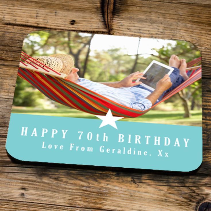 Personalised 70th Birthday Blue Photo Coaster product image