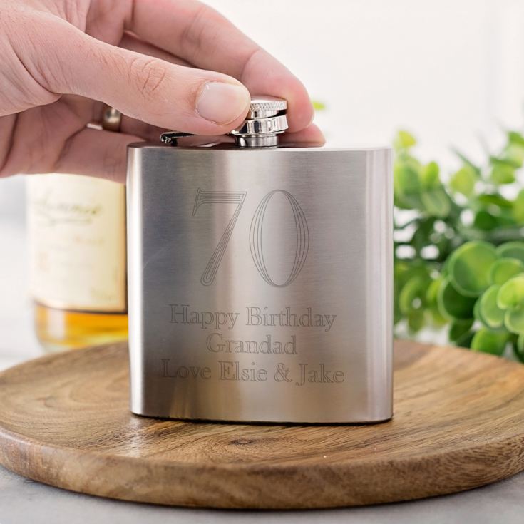 Personalised 70th Birthday Brushed Stainless Steel Hip Flask product image