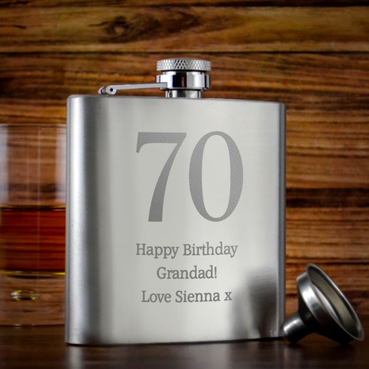 Personalised 70th Birthday Brushed Stainless Steel Hip Flask product image