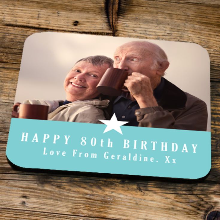 Personalised 80th Birthday Blue Photo Coaster product image