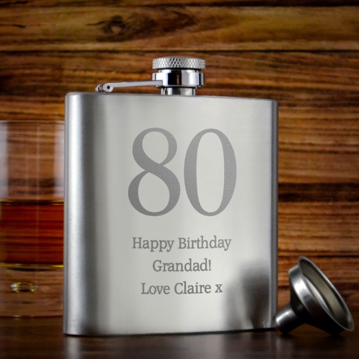 Personalised 80th Birthday Brushed Stainless Steel Hip Flask product image