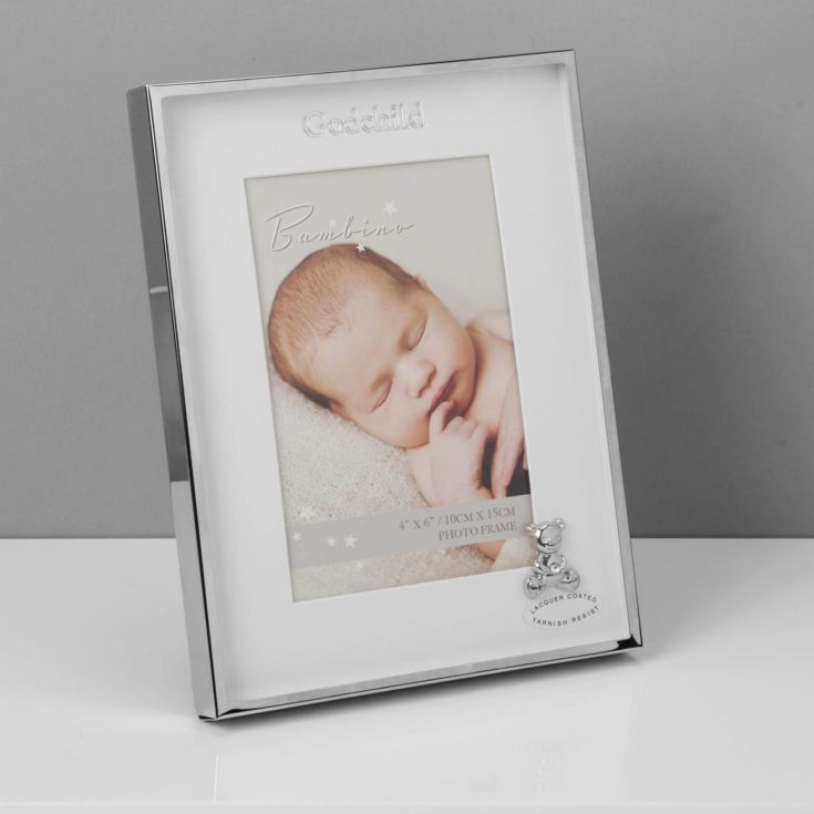 Bambino Silver effect Frame with Teddy - Godchild  4" x 6" product image