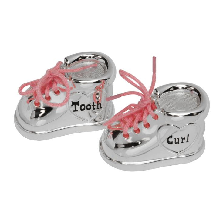 Silver Plated First Tooth & Curl Booties Pink & Blue Laces product image