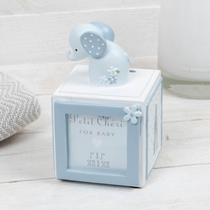 Petit Cheri Elephant Letter Cube Money Box with Frame - Blue product image
