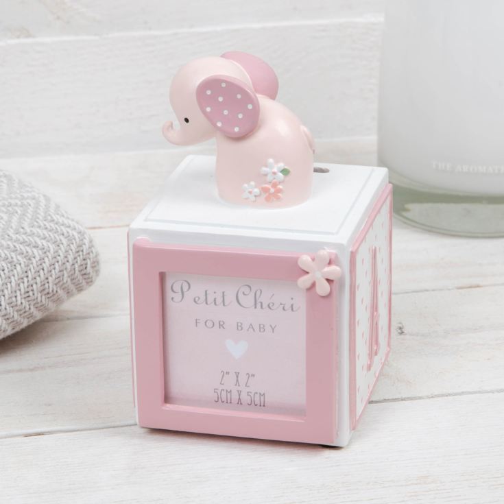 Petit Cheri Elephant Letter Cube Money Box with Frame - Pink product image