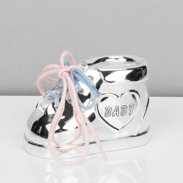 Bambino Silver Plated Baby Bootie Money Box Pink & Blue Lace product image