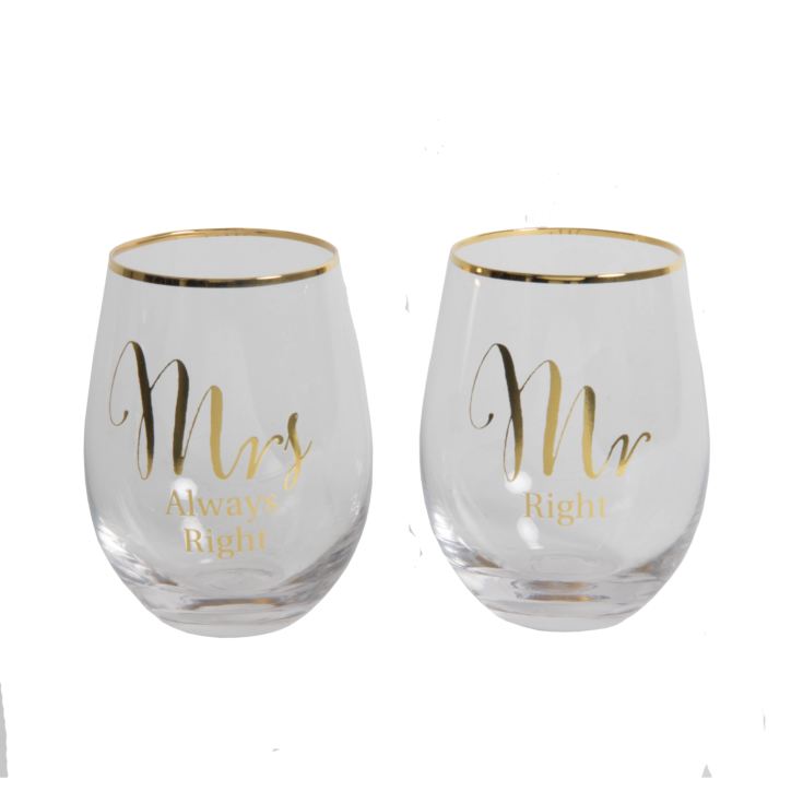 Set of 2 Gold Mr Right/Mrs Always Stemless Wine Glasses product image