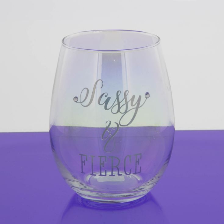 Iridescent Silver Decal Stemless Wine Glass 'Sassy & Fierce' The Gift