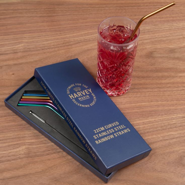 Set of 6 Curved Coloured Metal Drinking Straws & Brush 22cm product image