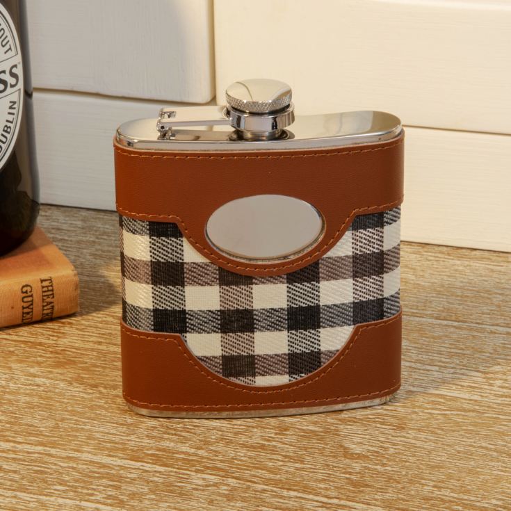 Chequer Print Faux Leather Hip Flask & Engravable Plate 6oz product image