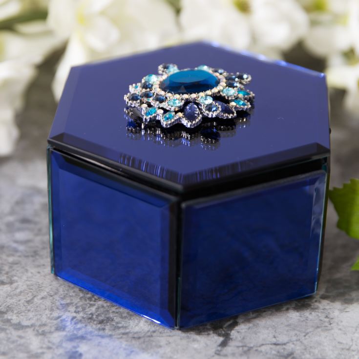 Sophia Hexagonal Blue Glass Trinket Box Crystal Flowers product image