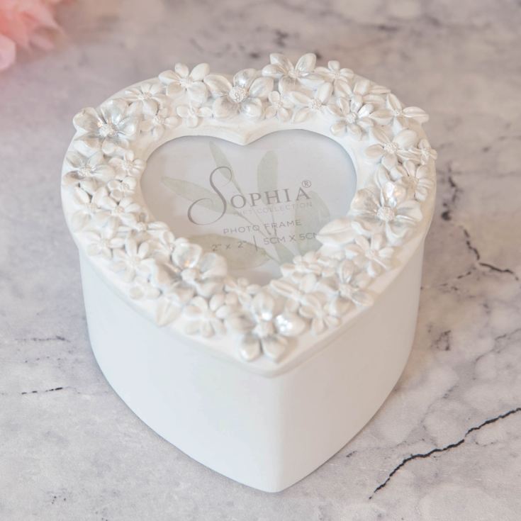 White Floral Resin Heart Shaped Trinket Box with Frame Lid The Gift