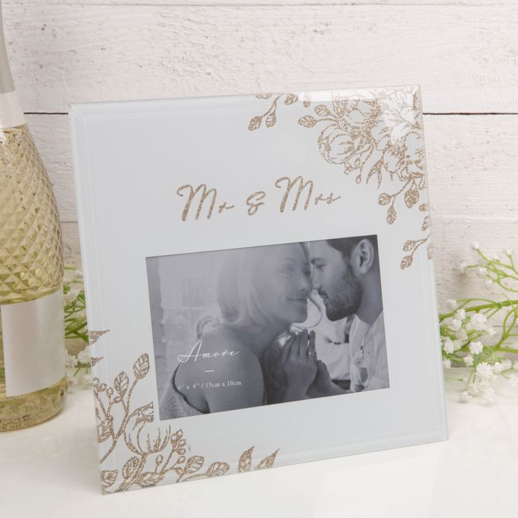 'Mr & Mrs' Pale Grey Glass Gold Floral Frame 4" x 6" product image
