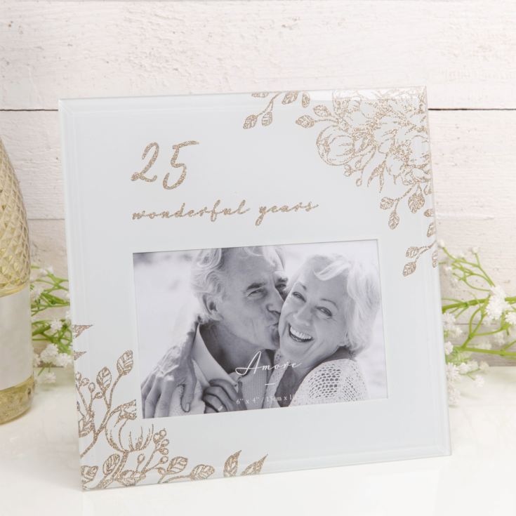 25 Wonderful Years Pale Grey Glass Gold Floral Frame 6" x 4" product image