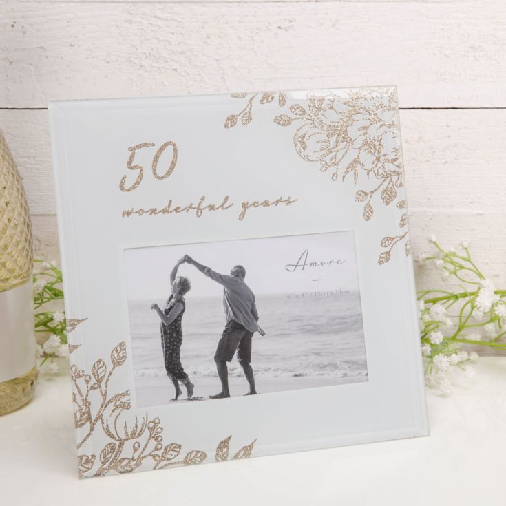 50 Wonderful Years Pale Grey Glass Gold Floral Frame 6" x 4" product image