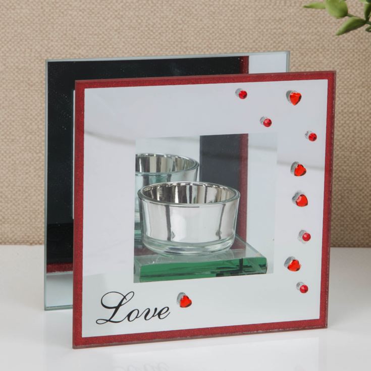 Glass Tea Light Holder with Red Diamante Hearts "Love" product image