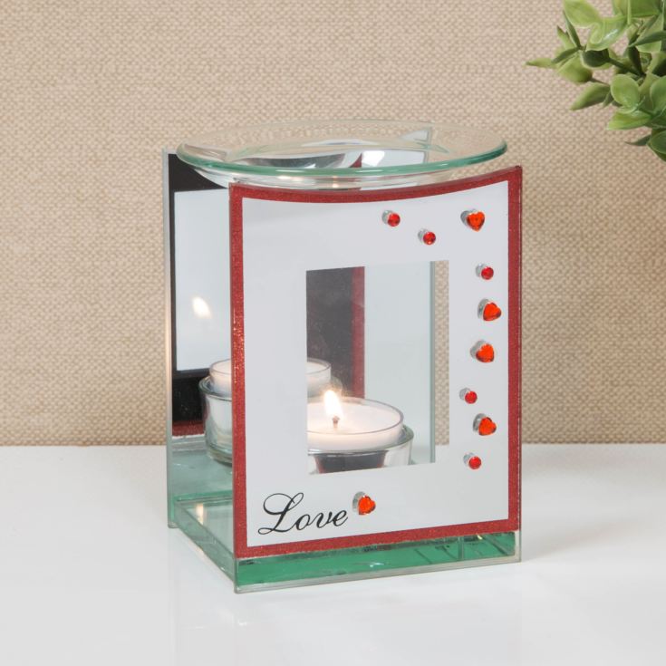 Glass Oil Burner with Red Diamante Hearts - LOVE product image
