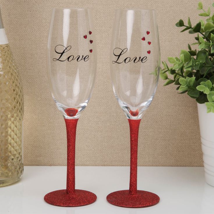 Set of 2 Champagne Flutes with Red Diamante Hearts - LOVE product image