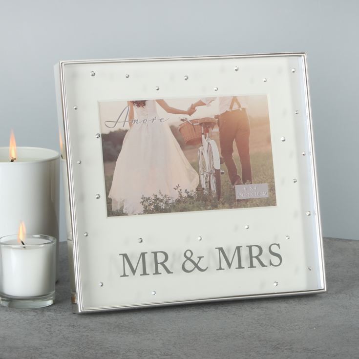 Amore Silver Plated Box Frame with Crystals 6" x 4" Mr & Mrs product image